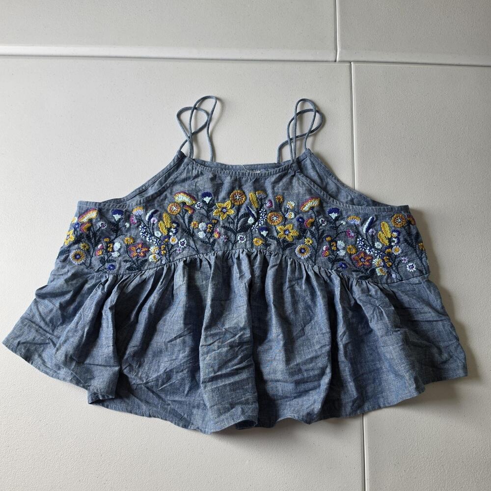 Natural Life Tank Top Womens Large Blue Floral Embroidered Ruffle Cami Boho
